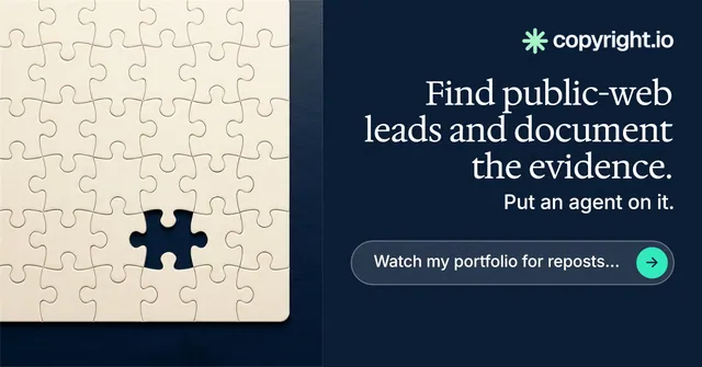 Social ad for copyright.io: "Find public-web leads and document the evidence." Agentic glass style, right layout, dark palette in blue, yellow, grey.