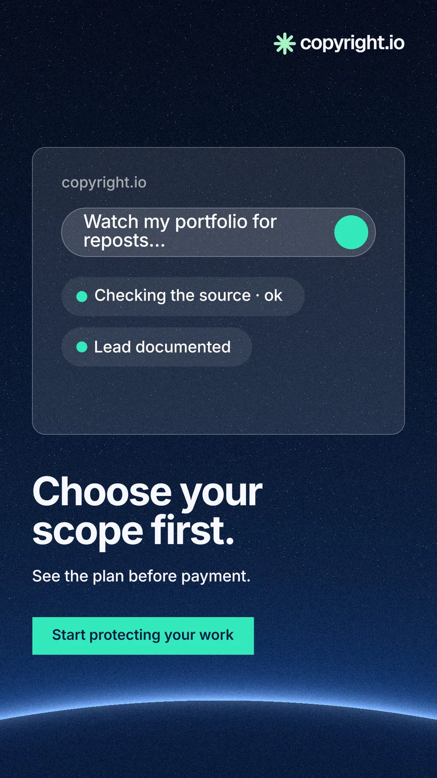 Instagram story for copyright.io: "Choose your scope first." Swiss style, bottom layout, dark palette in blue, black, teal.
