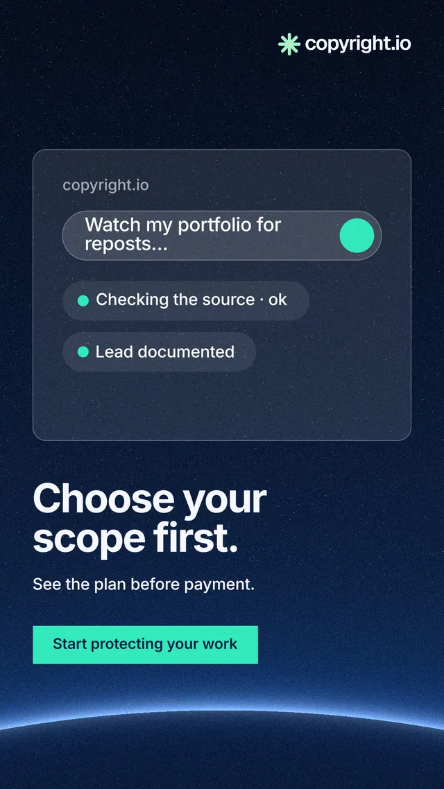 Instagram story for copyright.io: "Choose your scope first." Swiss style, bottom layout, dark palette in blue, black, teal.