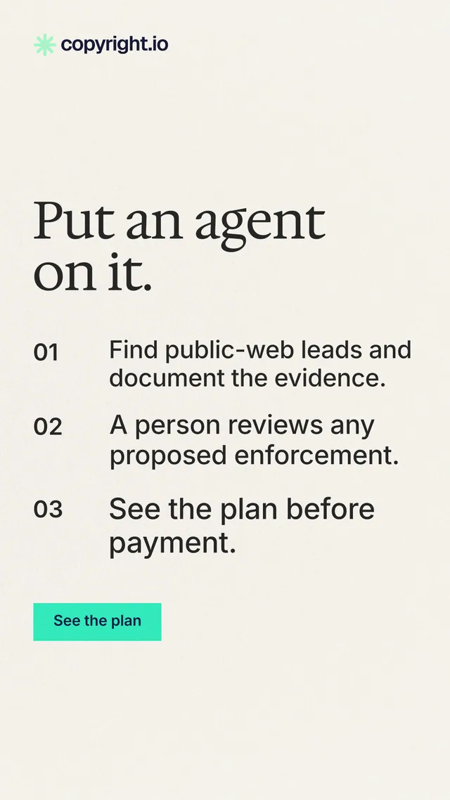 Instagram story for copyright.io: "Put an agent on it." Swiss style, numbered layout, light palette in white.