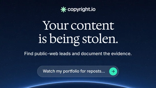 Landscape graphic for copyright.io: "Your content is being stolen." Agentic glass style, centred layout, dark palette in black, blue.