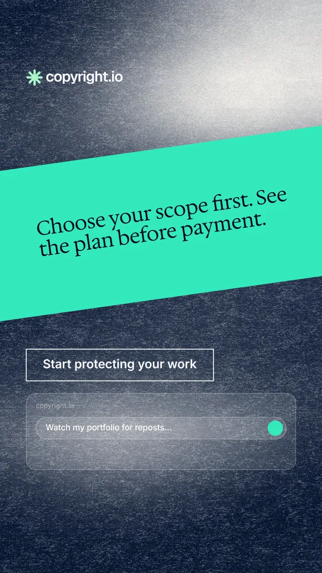 Instagram story for copyright.io: "Choose your scope first. See the plan before payment." Cyanotype style, diagonal layout, light palette in blue, teal, grey.