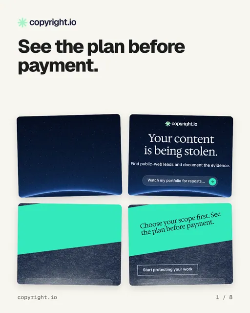Carousel for copyright.io: "See the plan before payment.". Collection carousel, 8 slides, light palette.