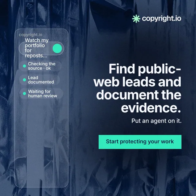 Instagram post for copyright.io: "Find public-web leads and document the evidence." Swiss style, right layout, dark palette in blue, black, teal.