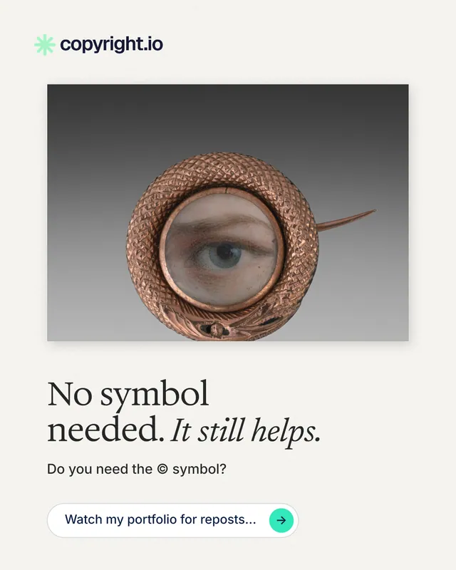 Instagram portrait post for copyright.io: "No symbol needed. It still helps." Agentic glass style, bottom layout, light palette in white, grey.