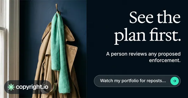 Social ad for copyright.io: "See the plan first." Agentic glass style, right layout, dark palette in black, grey.