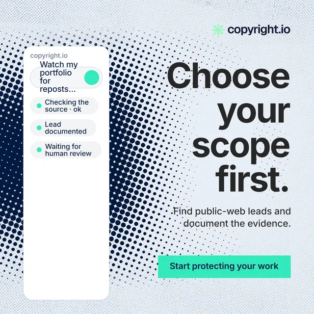 Instagram post for copyright.io: "Choose your scope first." Swiss style, right layout, light palette in white, grey, teal.