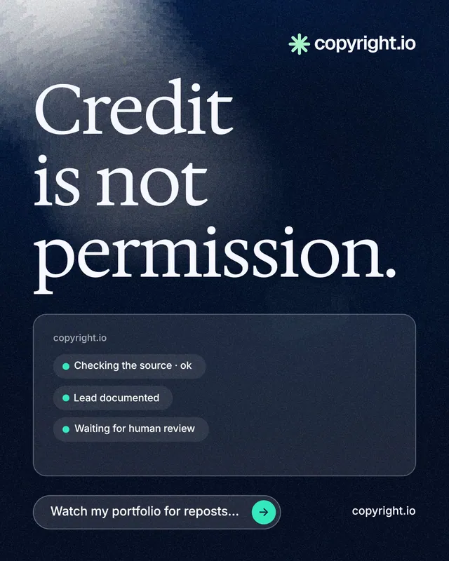 Instagram portrait post for copyright.io: "Credit is not permission." Thermal style, poster layout, dark palette in blue, black, grey.
