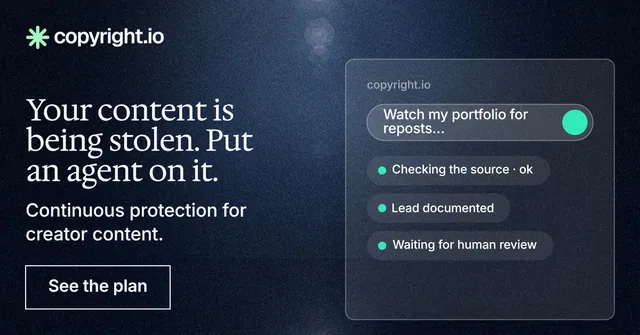 Social ad for copyright.io: "Your content is being stolen. Put an agent on it." Dark deco style, bottom layout, dark palette in blue, black, grey.