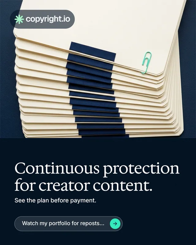 Instagram portrait post for copyright.io: "Continuous protection for creator content." Agentic glass style, bottom layout, dark palette in yellow, black, blue.