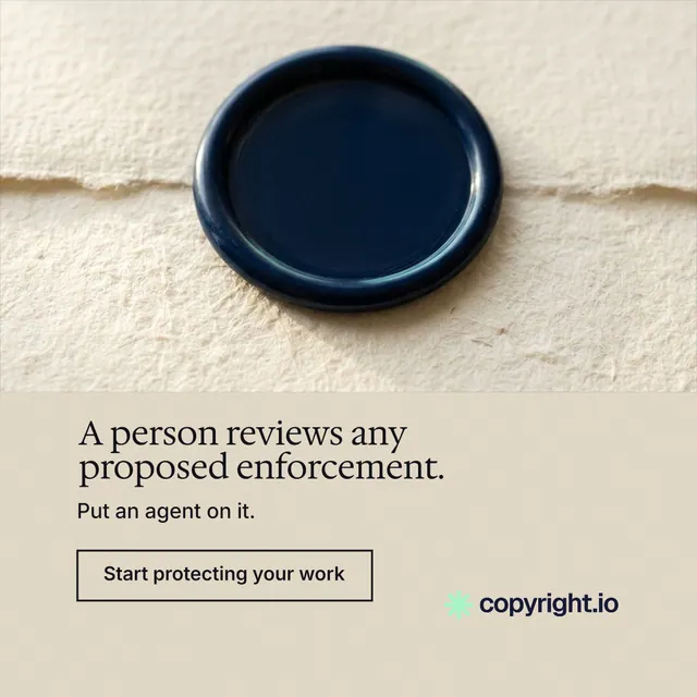 Instagram post for copyright.io: "A person reviews any proposed enforcement." Editorial style, bottom layout, light palette in orange, yellow, grey.