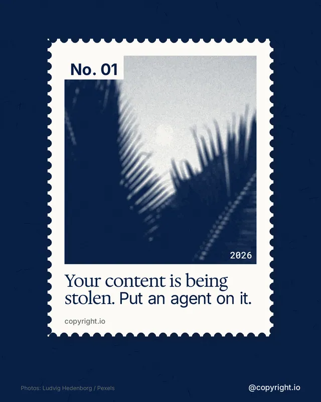 Instagram portrait post for copyright.io: "Your content is being stolen. Put an agent on it." Single style, technique:stamp series layout, dark palette in blue, white.