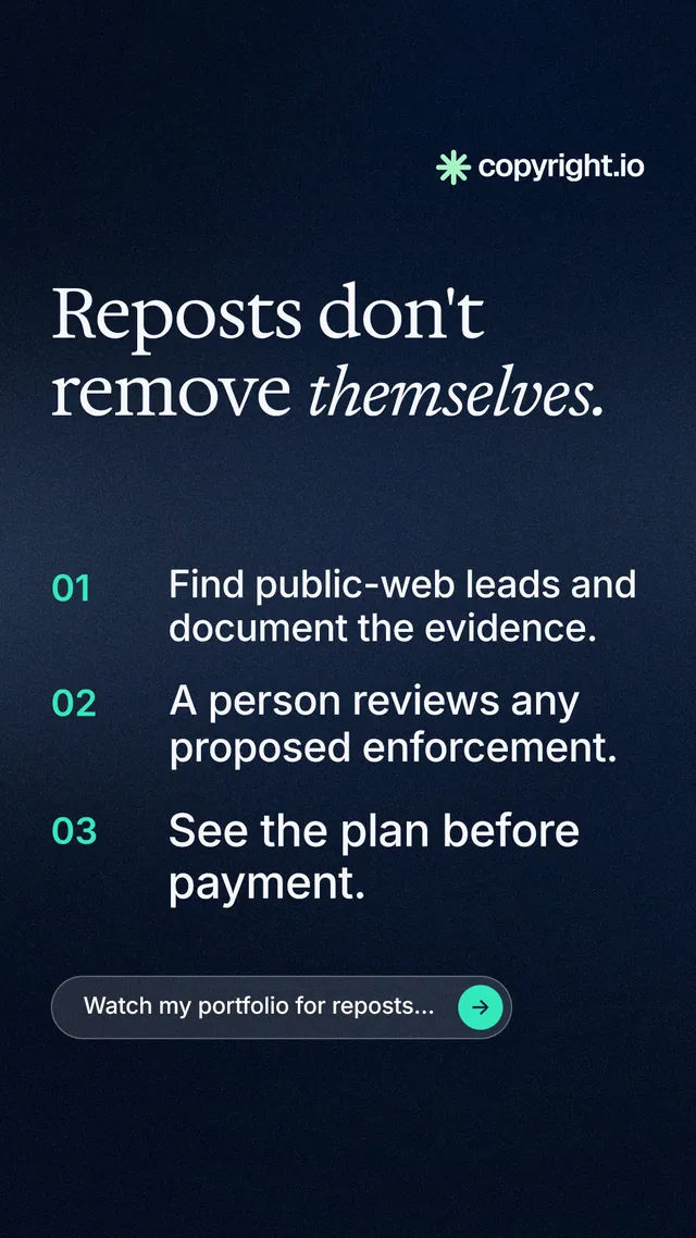 Instagram story for copyright.io: "Reposts don't remove themselves." Agentic glass style, numbered layout, dark palette in blue, black.