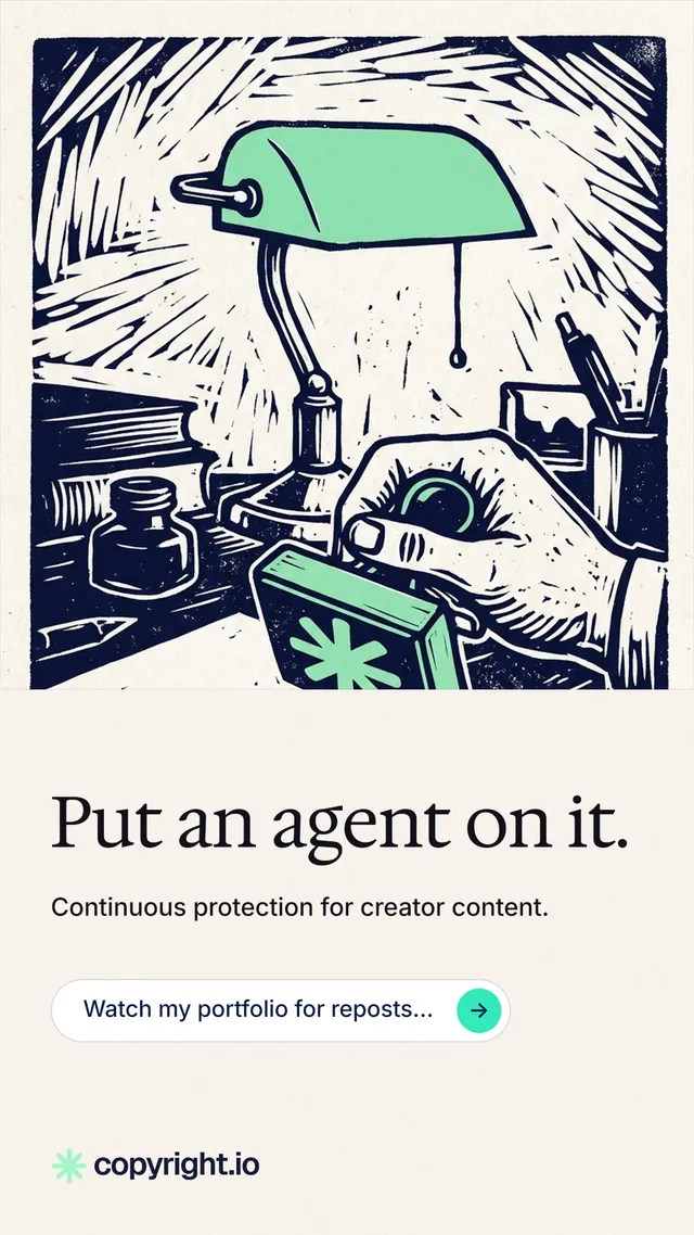 Instagram story for copyright.io: "Put an agent on it." Agentic glass style, bottom layout, light palette in white, grey.