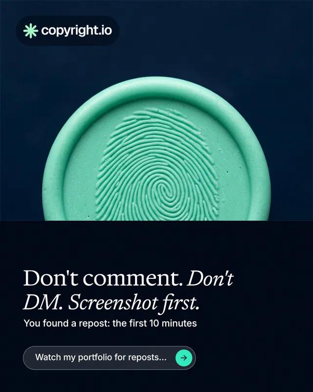 Instagram portrait post for copyright.io: "Don't comment. Don't DM. Screenshot first." Agentic glass style, bottom layout, dark palette in black, teal, blue.