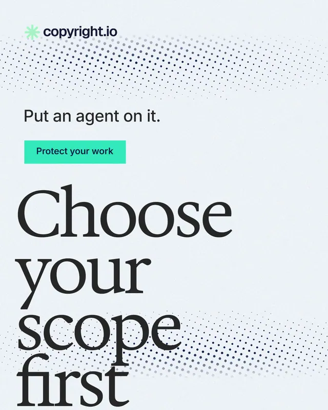 Instagram portrait post for copyright.io: "Choose your scope first." Swiss style, oversized layout, light palette in white, grey.