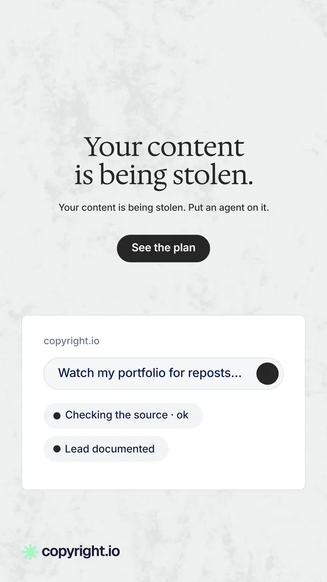 Instagram story for copyright.io: "Your content is being stolen." Data card style, centred layout, light palette in white.
