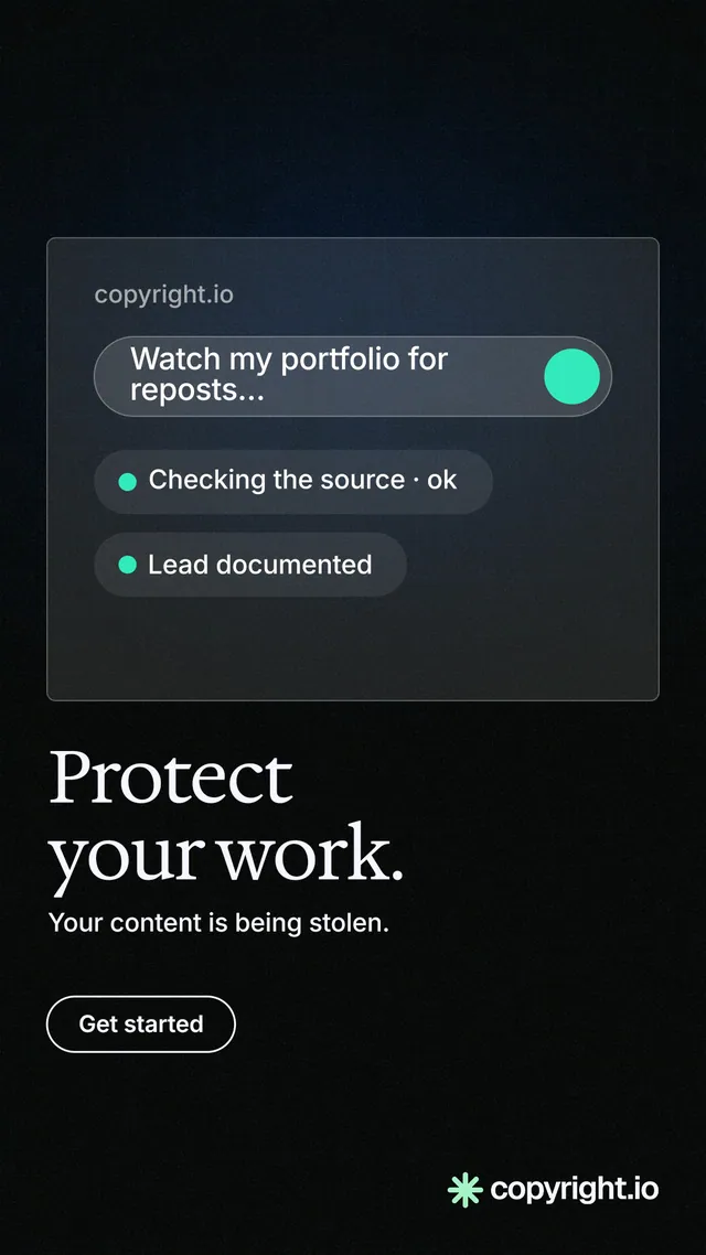 Instagram story for copyright.io: "Protect your work." Phosphor atlas style, bottom layout, dark palette in black, blue, grey.