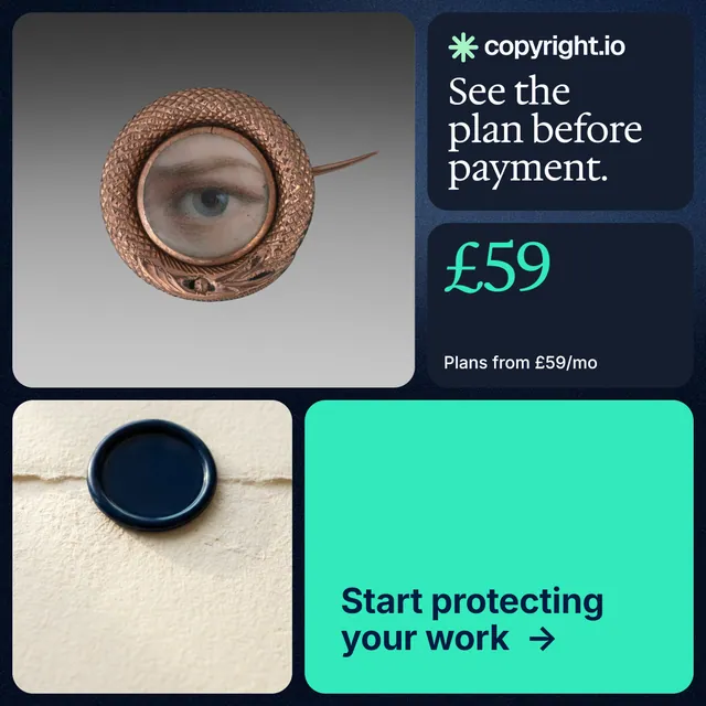 Instagram post for copyright.io: "See the plan before payment." Agentic glass style, bento layout, light palette in grey, blue, teal.