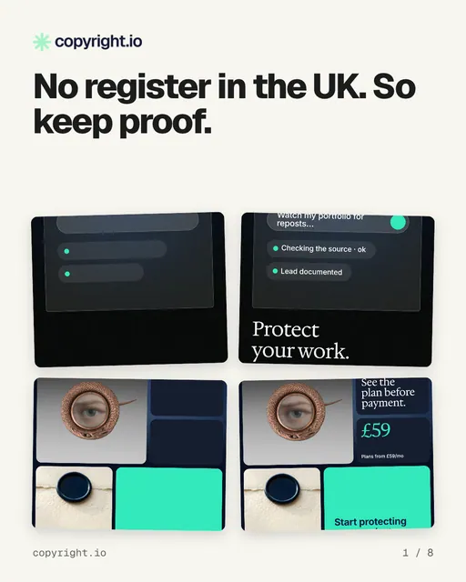 Carousel for copyright.io: "No register in the UK. So keep proof.". Collection carousel, 8 slides, light palette.