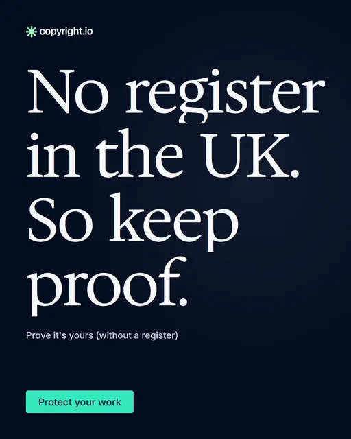 Video for copyright.io: "No register in the UK. So keep proof.". Doc motion loop, 7.0 s, dark palette.