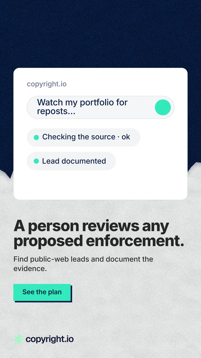 Instagram story for copyright.io: "A person reviews any proposed enforcement." Paper trio style, bottom layout, light palette in white, blue, grey.