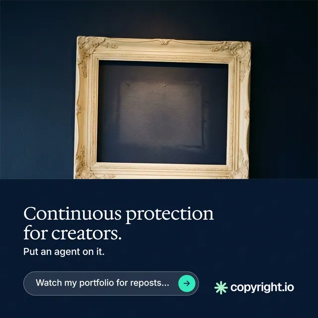 Instagram post for copyright.io: "Continuous protection for creators." Agentic glass style, bottom layout, dark palette in black, blue, grey.
