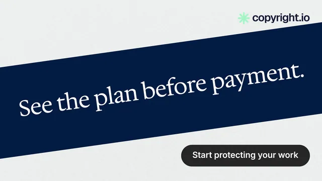 Landscape graphic for copyright.io: "See the plan before payment." Data card style, diagonal layout, light palette in white, blue.