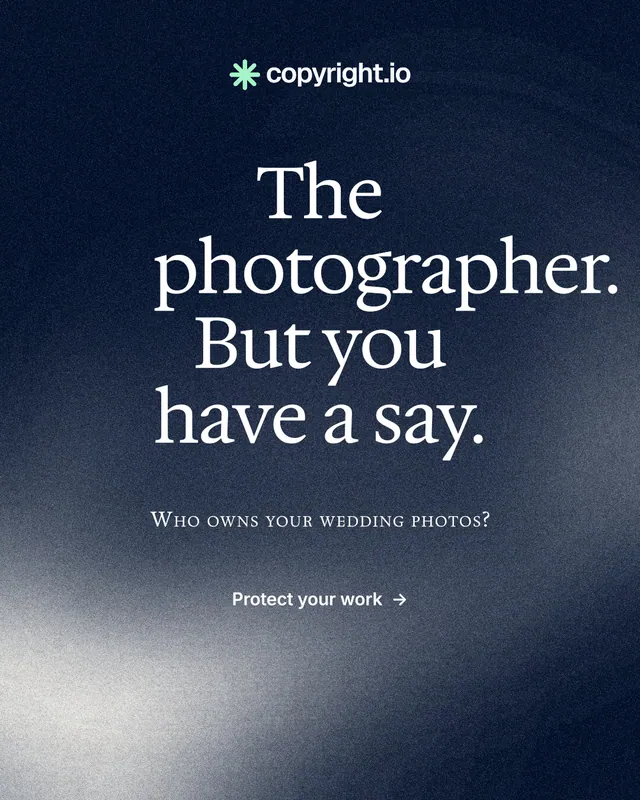 Instagram portrait post for copyright.io: "The photographer. But you have a say." Cyanotype style, smallcaps layout, dark palette in blue, black, grey.