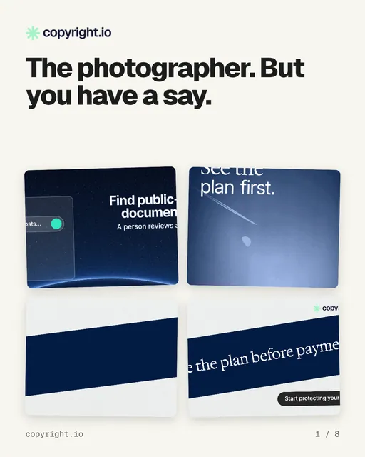 Carousel for copyright.io: "The photographer. But you have a say.". Collection carousel, 8 slides, light palette.