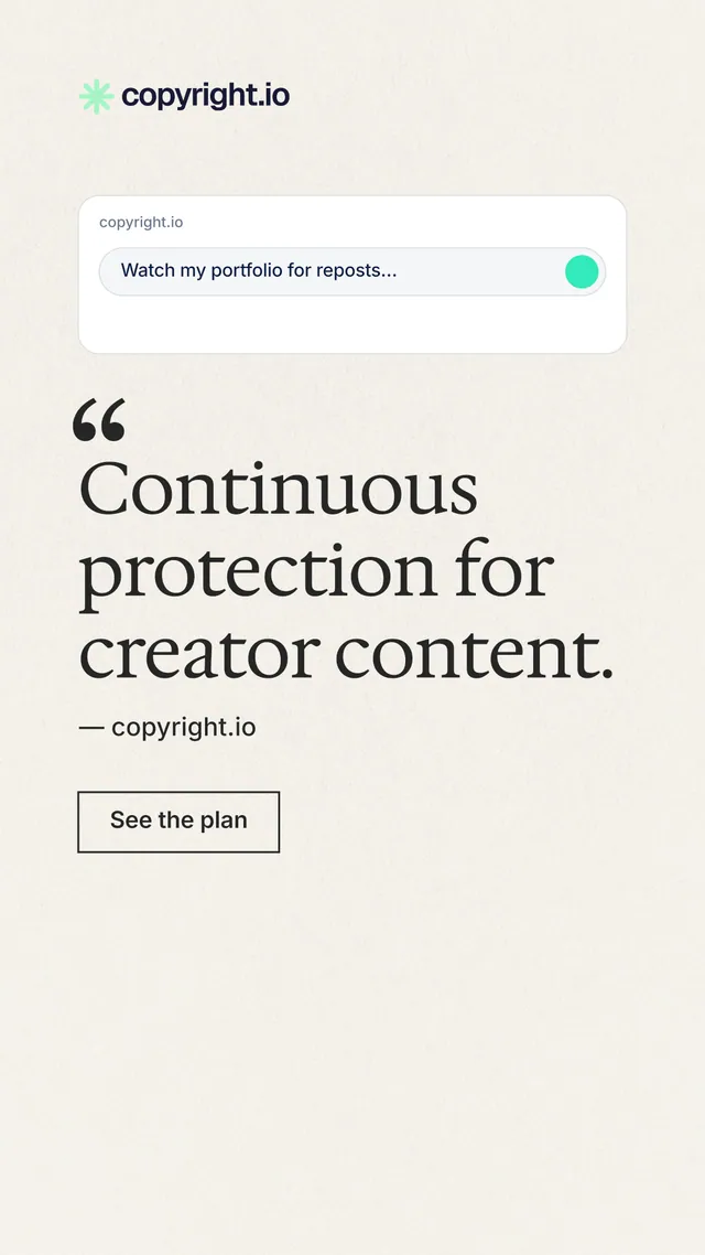 Instagram story for copyright.io: "Continuous protection for creator content." Editorial style, quote layout, light palette in white.