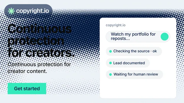 Landscape graphic for copyright.io: "Continuous protection for creators." Swiss style, bottom layout, light palette in white, blue.