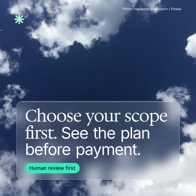 Instagram post for copyright.io: "Choose your scope first. See the plan before payment." Glass style, technique:pexels ingredient layout, dark palette in grey, blue.