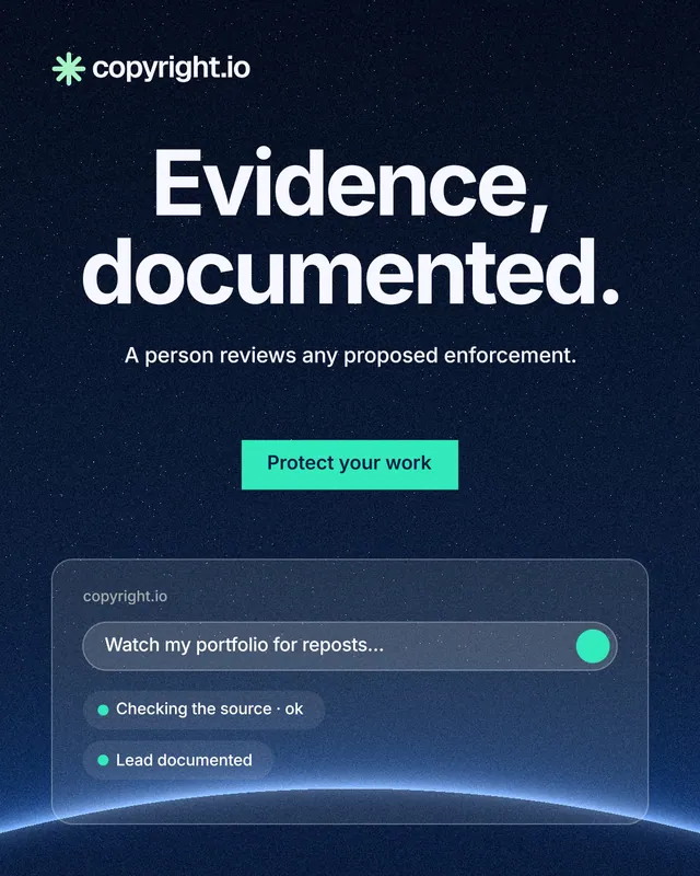 Instagram portrait post for copyright.io: "Evidence, documented." Swiss style, centred layout, dark palette in blue, black.