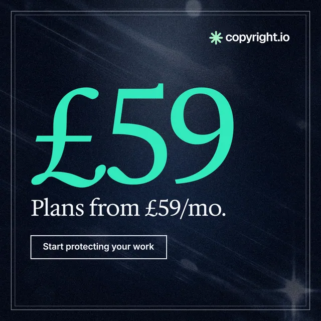 Instagram post for copyright.io: "Find your reposted work." Dark deco style, stat layout, dark palette in blue, black, teal.