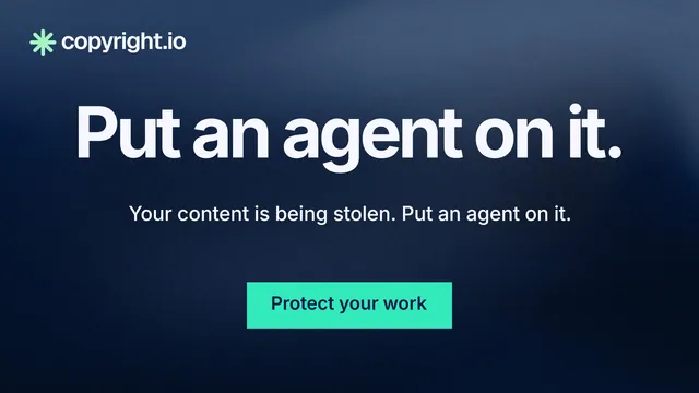 Landscape graphic for copyright.io: "Put an agent on it." Swiss style, centred layout, dark palette in blue, black, teal.