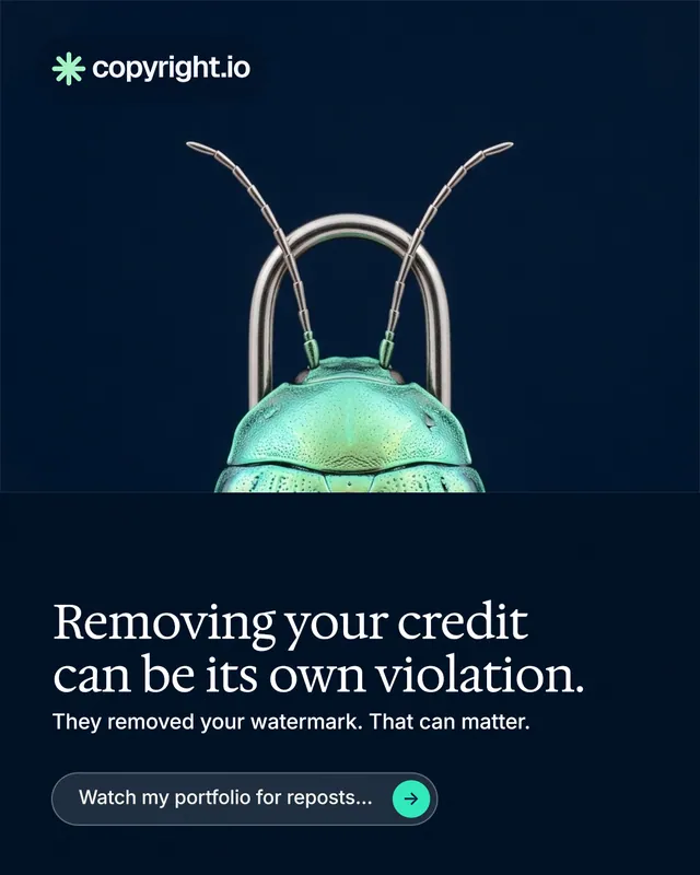 Instagram portrait post for copyright.io: "Removing your credit can be its own violation." Agentic glass style, bottom layout, dark palette in black, blue.