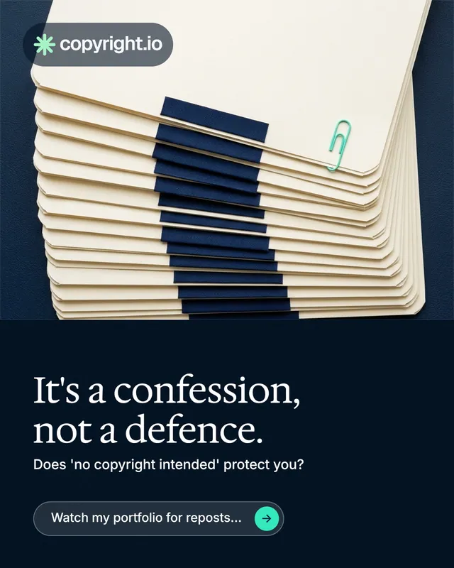 Instagram portrait post for copyright.io: "It's a confession, not a defence." Agentic glass style, bottom layout, dark palette in yellow, black, blue.