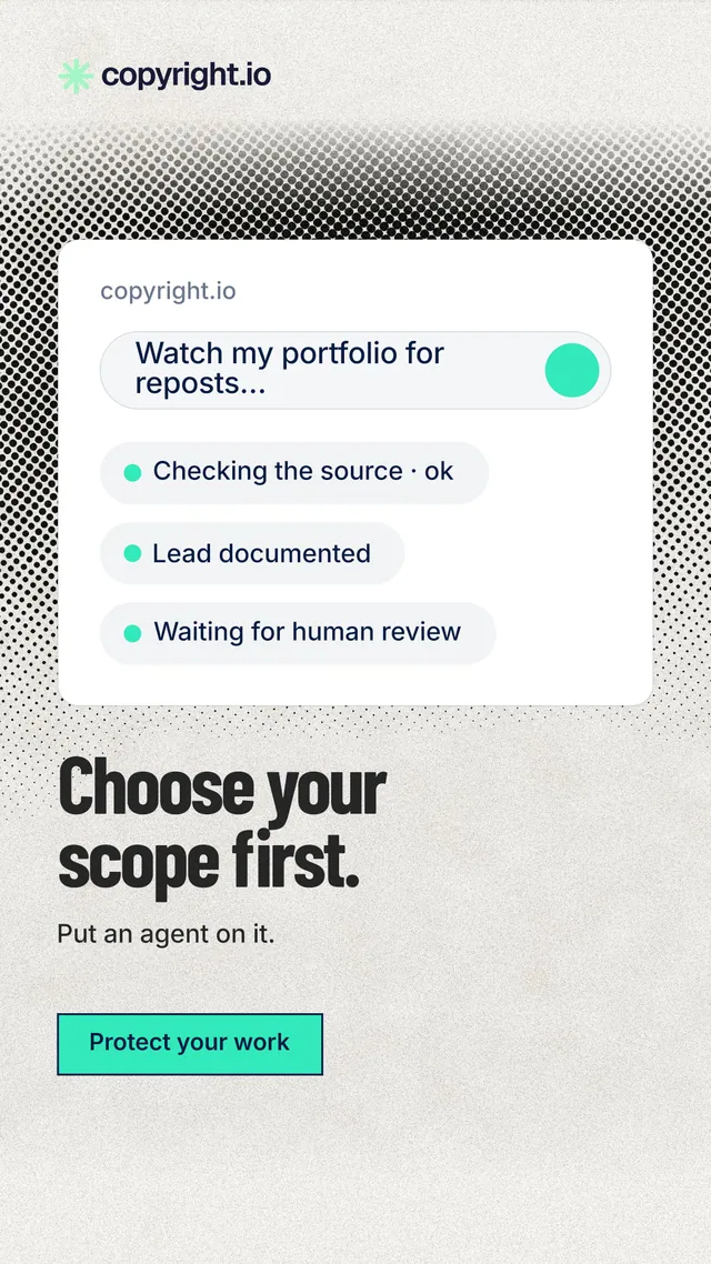 Instagram story for copyright.io: "Choose your scope first." Ink sticker style, bottom layout, light palette in white, grey.