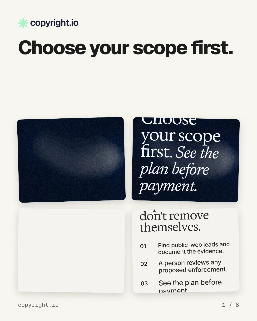 Carousel for copyright.io: "Choose your scope first.". Collection carousel, 8 slides, light palette.