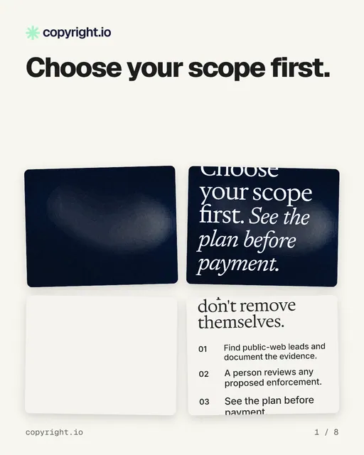Carousel for copyright.io: "Choose your scope first.". Collection carousel, 8 slides, light palette.
