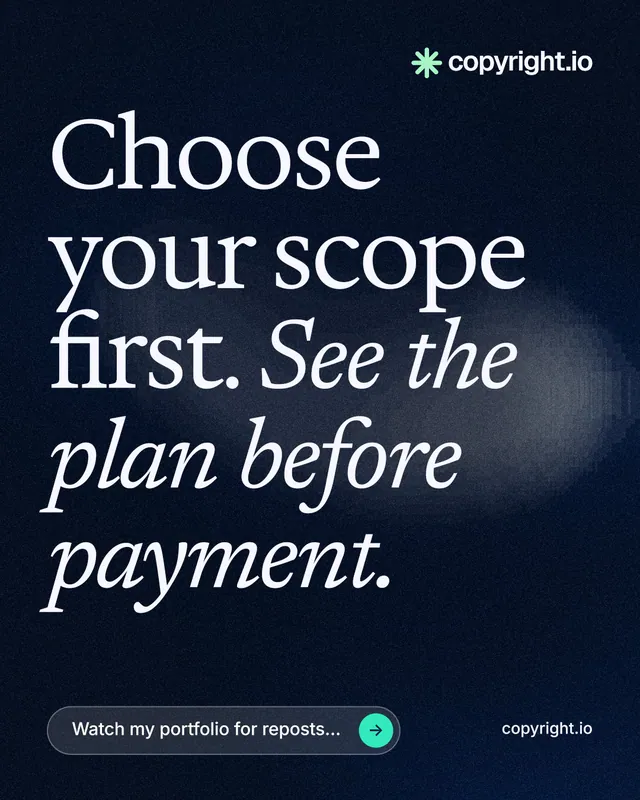 Instagram portrait post for copyright.io: "Choose your scope first. See the plan before payment." Thermal style, poster layout, dark palette in black, blue, grey.