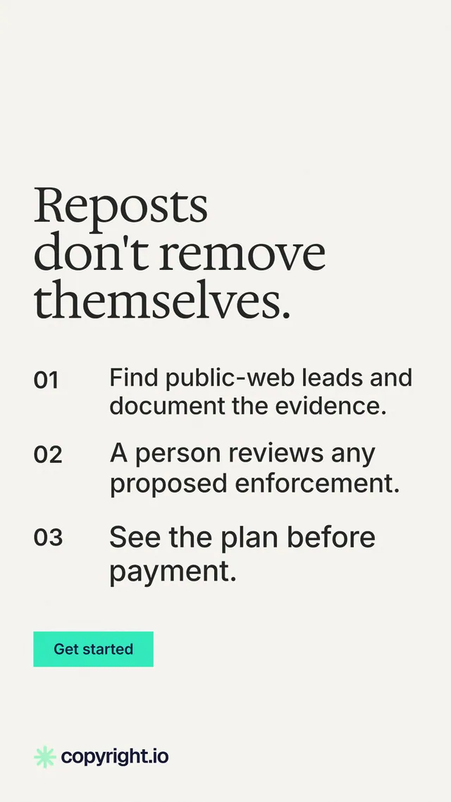 Instagram story for copyright.io: "Reposts don't remove themselves." Swiss style, numbered layout, light palette in white, grey.