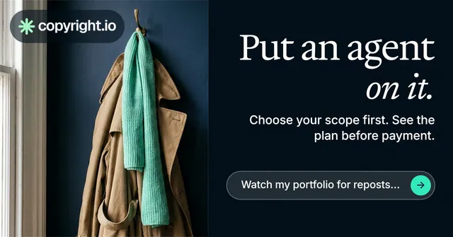 Social ad for copyright.io: "Put an agent on it." Agentic glass style, right layout, dark palette in black, grey.