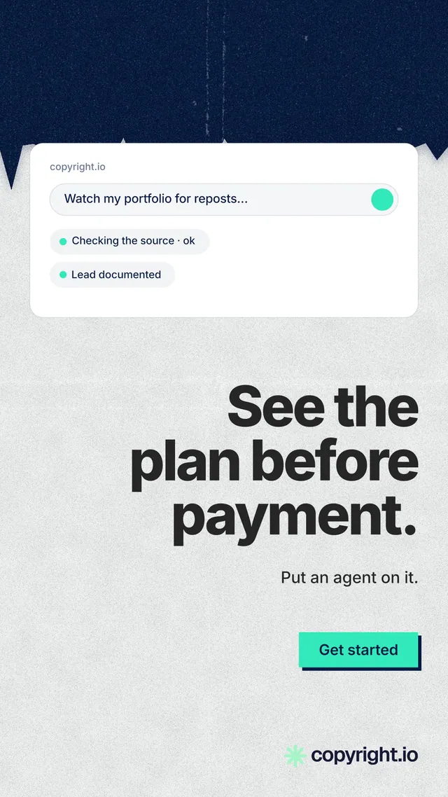 Instagram story for copyright.io: "See the plan before payment." Paper trio style, right layout, light palette in white, blue.