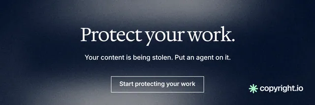 X header for copyright.io: "Protect your work." Cyanotype style, centred layout, dark palette in grey, blue, black.