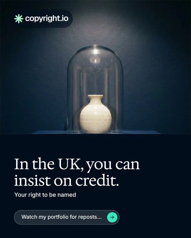 Instagram portrait post for copyright.io: "In the UK, you can insist on credit." Agentic glass style, bottom layout, dark palette in black, blue, grey.