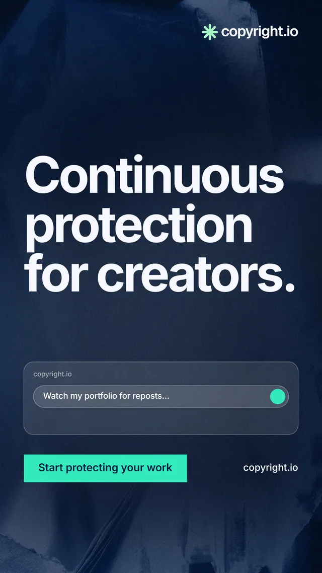 Instagram story for copyright.io: "Continuous protection for creators." Swiss style, poster layout, dark palette in blue, black, teal.