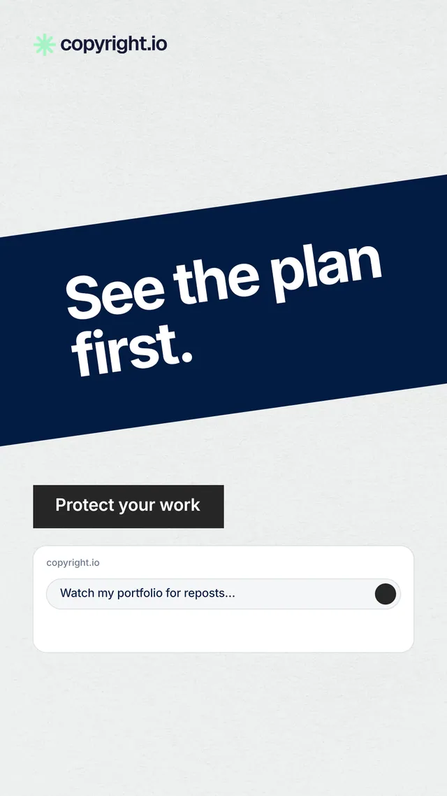 Instagram story for copyright.io: "See the plan first." Swiss style, diagonal layout, light palette in white, blue, grey.