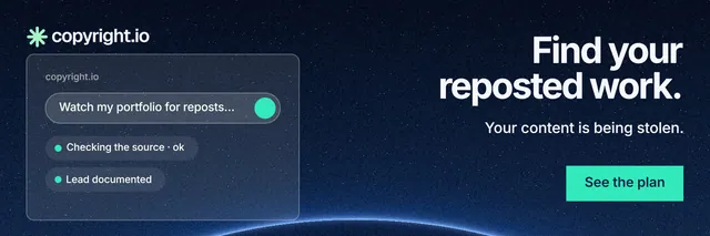 X header for copyright.io: "Find your reposted work." Swiss style, right layout, dark palette in black, blue, teal.
